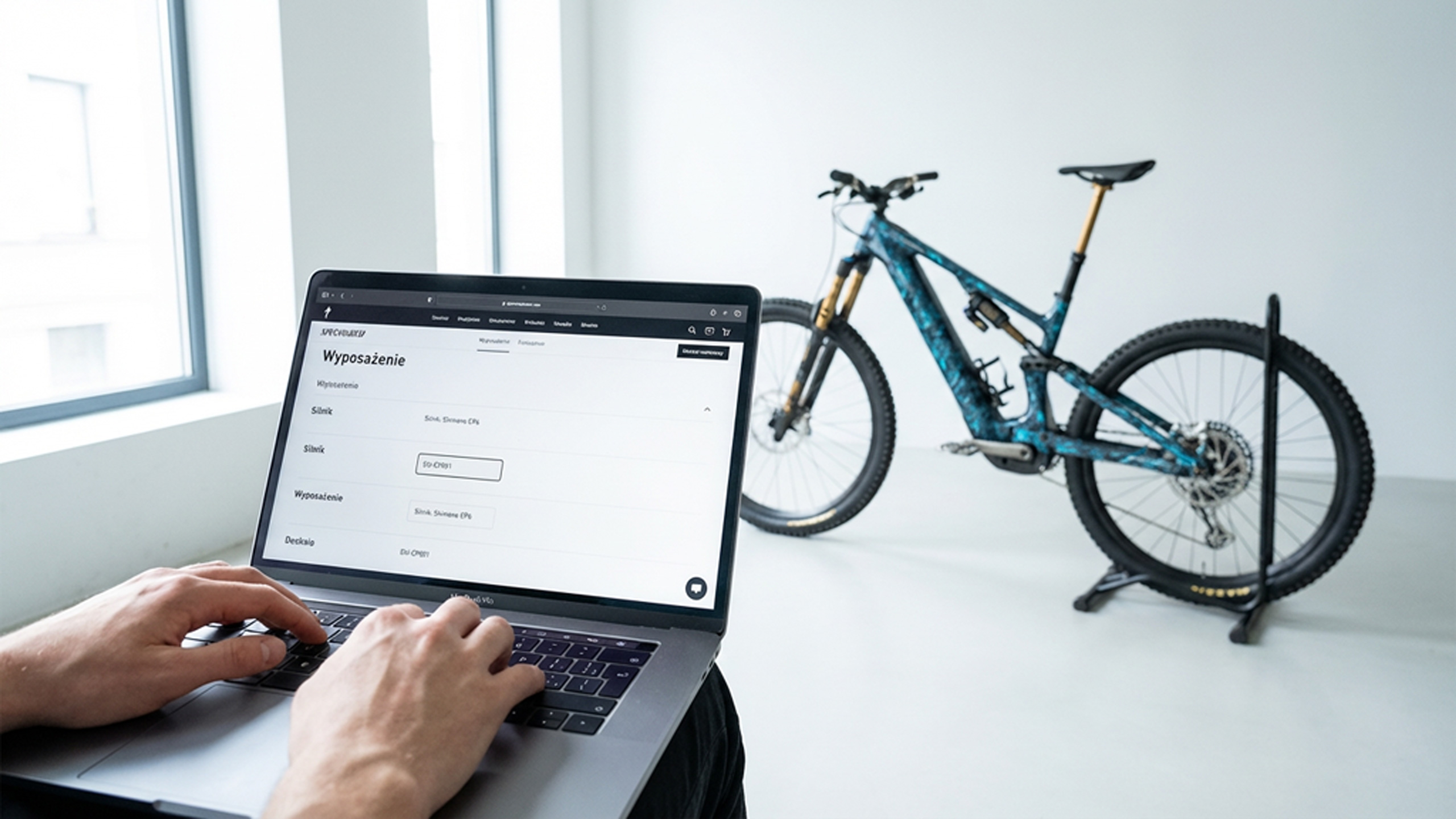 Laptop z kartą specyfikacji roweru — sekcja Wyposażenie lub Napęd z oznaczeniem Shimano (EP6, DU-EP801); szybkie sprawdzenie modelu napędu.