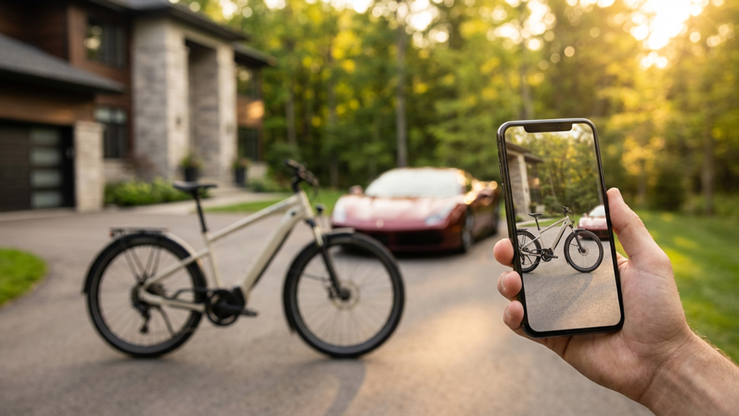 Smartfon w dłoni z wyświetlonym zdjęciem jednostki napędowej lub tabliczki znamionowej roweru; w tle rozmyty e-bike — kadr sugerujący zrobienie zdjęcia i wysłanie go mailem.