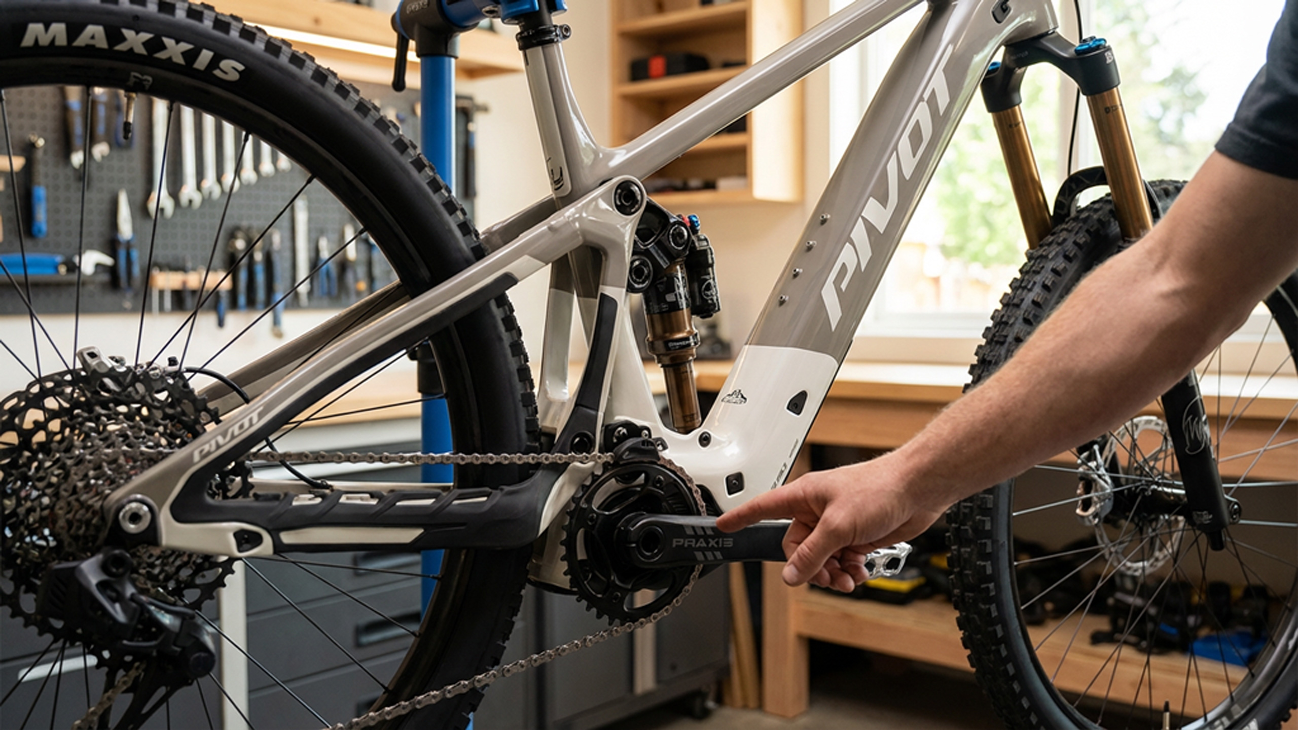 Rower elektryczny w czystym otoczeniu (np. garaż), dłoń wskazująca na okolicę silnika lub tabliczki znamionowej — tutaj sprawdzić model napędu Shimano.