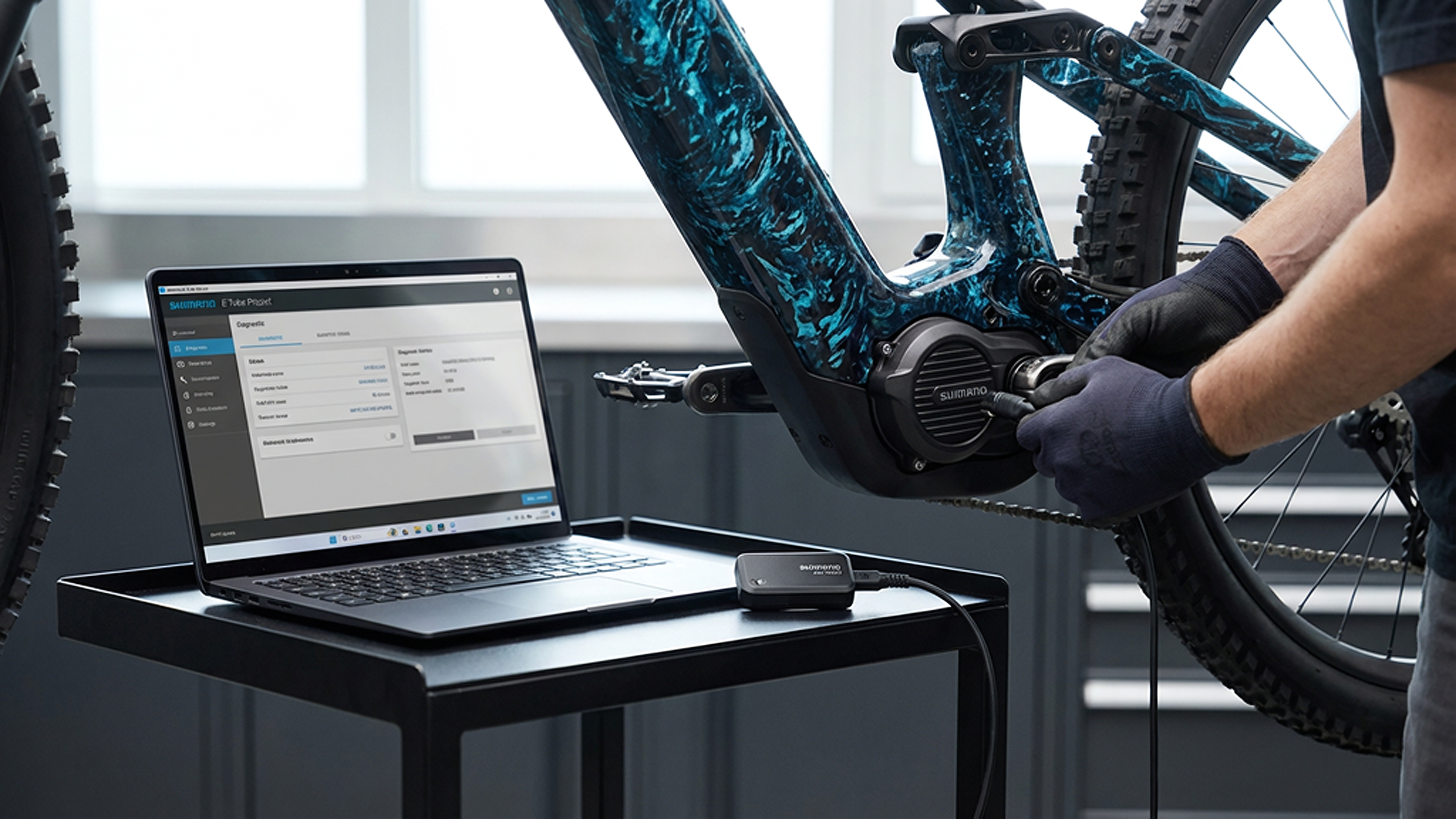 Rower na stojaku z laptopem i modułem Shimano — konfiguracja napędu e-bike w oryginalnym ekosystemie.