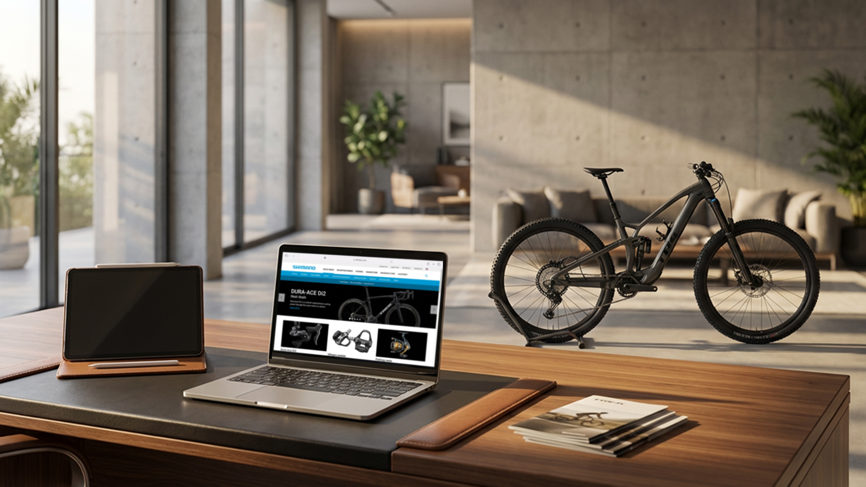 Willa, biurko z laptopem i rower e-bike w tle — indywidualna wycena i kontakt.